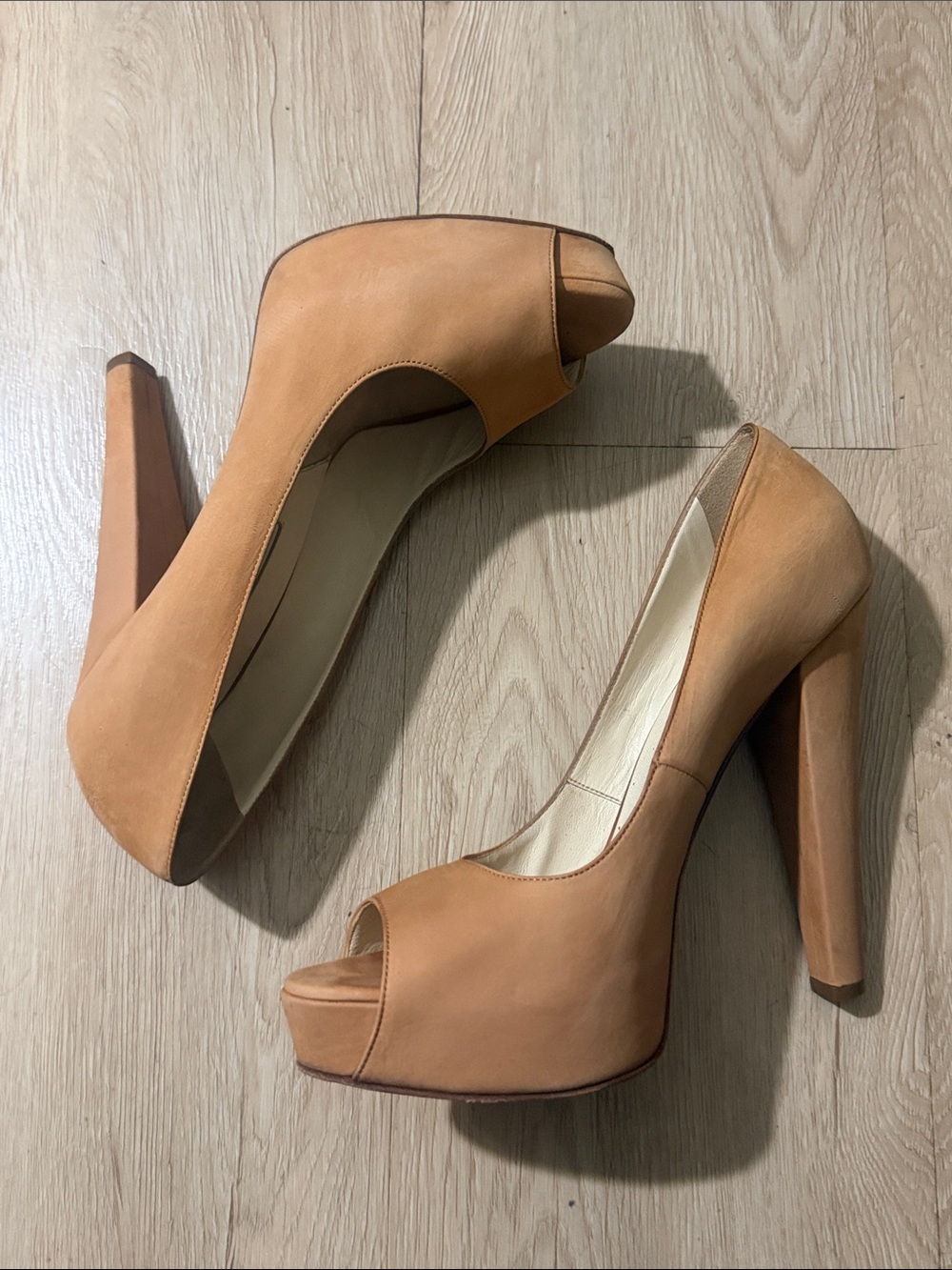 Brian Atwood Tan Peep-Toe Platform Pumps
